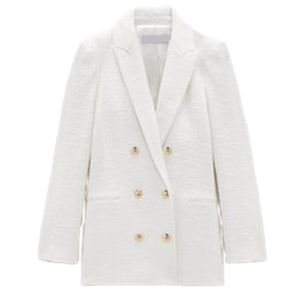Primavera otoño mujer moda blanco rosa Tweed Blazers y chaquetas Chic botón Oficina traje abrigo señoras elegante prendas de vestir