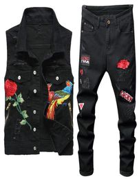 2021 Spring Black Chándales Men039s Rose Bordado Hole Jeans Conjuntos de dos piezas Turn Down Collar Phoenix Flower Denim Chaleco Ri3527567