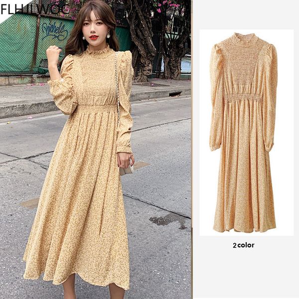 2021 Printemps Chic Corée Fenimine Robes Femmes Mode Style Bohème Vacances Date Filles Imprimé Floral En Mousseline De Soie Longue Maxi Robe X0521