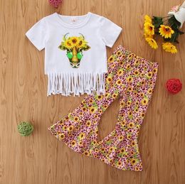 2021 Spring Kid Clothing Sets Korte Mouw Tassel T-shirt Top + Sunflower Printed Flare Pants 2pcs / Sets Fashion Boutique Girls Outfits