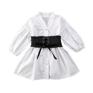 2021 lente kinderen kleding meisjes sjerpen wit shirt jurk lange mouw katoen kinderjurk voor peuter 4 5 6 7 8 9 10 11 jaar Q0716