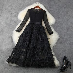 Robe en Tulle à manches longues, col rond, couleur Pure, noire, avec panneaux de boutons, mi-mollet, élégante, décontractée, printemps 2021, LJ07T11761