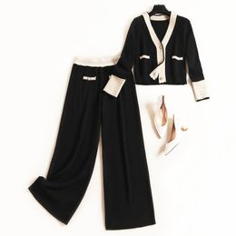 Pantalon deux pièces à manches longues et col en V, couleur contrastée noire, cardigan à simple boutonnage, pull + pantalon long à panneaux, ensemble 2 pièces, automne 2023, 1OD28F288