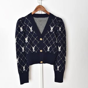 2021 Spring lange mouw v nek blauw konijn print wollen gebreide trui met één borte trui dames mode vest sweaters j23161125 263o
