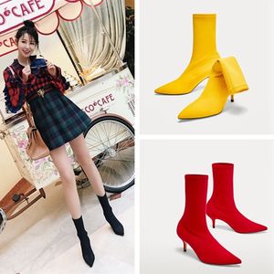 2021 printemps nouvelle chaussette bottes pour femmes bottes à talons hauts tissu extensible bottines chaussures Sexy talons carrés femmes grande taille