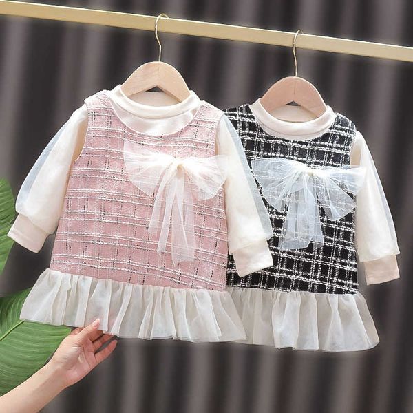 2021 Primavera Summer Infant Baby Rothing Sets Plaid Sin mangas Vestido Camiseta 2 unids Trajes de vestir de bebé para niños pequeños Ropa para niña para niños pequeños Q0716