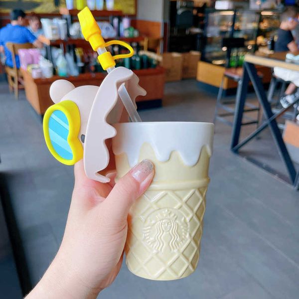 2021 Starbucks Tumbler 370ml Buceo Oso Forma de helado Taza de paja de cerámica Taza para beber con tapa BG5E