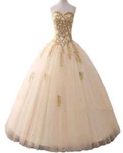 2021 Stock Gold Appliques Ball Gown Quinceanera Dissing Sparkle Crystal Tulle Floorlength Sweet 16 Debutante Prom Party QC11226884981