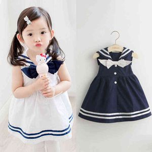 2021 Zomer 2-10t jaar Kinderen Sweet Mouwess Vest Bow Sailor Collar Marineblauw Wit Patchwork Little Kids Navy Girls Jurk Y220819