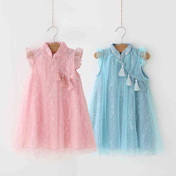 2021 été 2 3 4 5 6 7 8 9 10 ans chinois Cheongsam ras du cou fête bébé gland dentelle princesse en mousseline de soie enfants robes pour les filles G220518