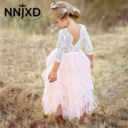 2021 zomer herfst meisjes prinses jurk kant feestjurk rug hallow out kinderen vintage vestido bloem kinderen kleding 3 tot 8 jaar q0716