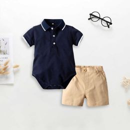 2021 zomer babyjongen pak shirt romper pak baby baby jongen katoenen kleding kleine gentleman jurk jongen pak 0-2 jaar oud G1023