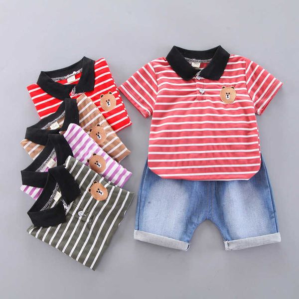 2021 Summer Baby Boys Ropa Conjuntos Niños Infantil Rayado Oso Polo Camiseta + Jeans 2 piezas Moda Niño Niñas Ropa 0-4 años G1023