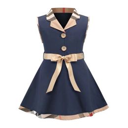 2021 zomer baby meisjes prinses jurk kinderen trun-down kraag jurken kinderen katoen casual rokken meisje vest rok met bowtie