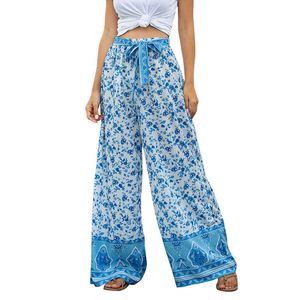 Pantalones de pierna ancha bohemios de verano 2021 para mujer, pantalones de playa informales con estampado Vintage y cordones con cinturón y cordón para mujer Q0801