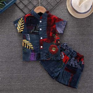 2021 Zomer Kinderkleding Sets Gedrukt Blad Bloem Cardigan Kortsluiting Casual Shorts Tweedelige Boy Knappe Suit 0-5 Olds