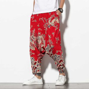 Pantalon à fleurs de style chinois pour hommes, ample, entrejambe bas, Harlan, hipster, cravate, jambe, été 2021, X0723