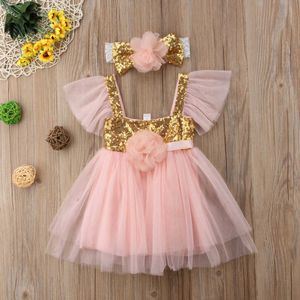 2021 zomer schattige zoete kinderen peuter baby meisjes kant tule jurk bloemen partij bruiloft prinses jurken + hoofdband Q0716