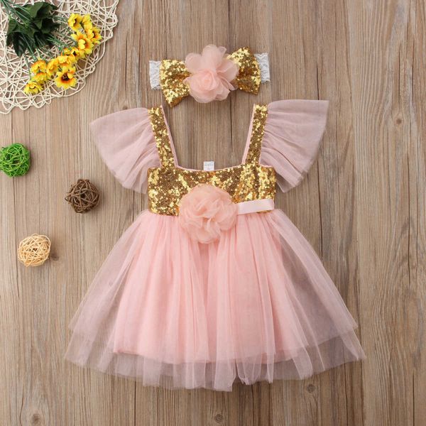 2021 Verano Lindo Dulce Niños Niño Bebé Niñas Encaje Tul Vestido Floral Fiesta Boda Princesa Vestidos + Diadema Q0716