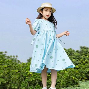 2021 Zomerjurk Casual Katoen Dot Tiener Meisjes Jurk Puff Sleeve Kinderen Jurken voor Meisje Mode Kinderkleding 5-14Y Q0716