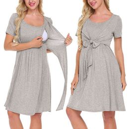 2021 Zomer Europees en Amerikaans Dames Ronde hals Korte Mouw Super Zachte Nursing Wear Dress Dress Maternity Jurk Rok G220309