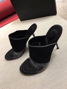 Pantofole con tacco alto da donna dello stilista estivo 2021 materiale trasparente e tessuto a maglia combinato con suola in gomma dal temperamento sexy