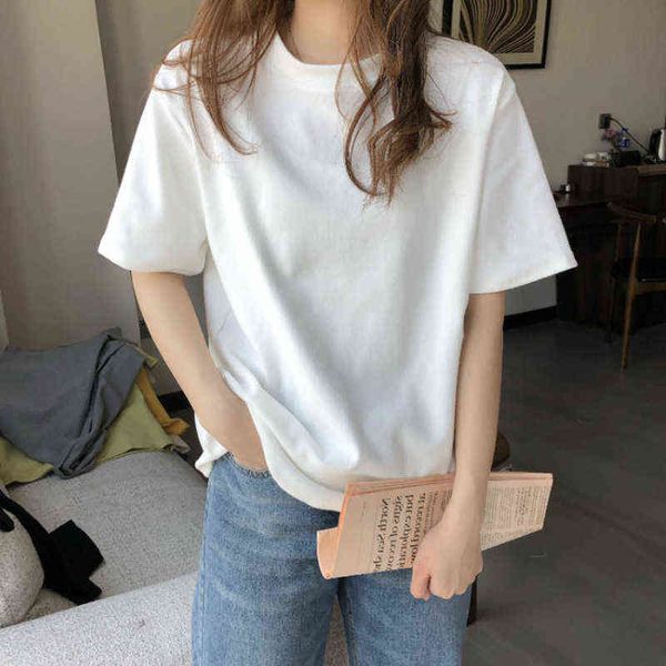 2021 Summer Korean Basic Candy Couleurs T-shirt Harajuku à manches courtes T-shirts solides Casual Loose All-Match Student Tee Tops blancs G220310