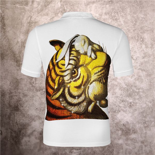 Été Menswear Designer Allemand Rock Punk Tigre et Lapin Chaud Strass Imprimé Polo Shirt Pur Coton Slim Haute Qualité Hip Hop Hommes T-shirt # PP0011