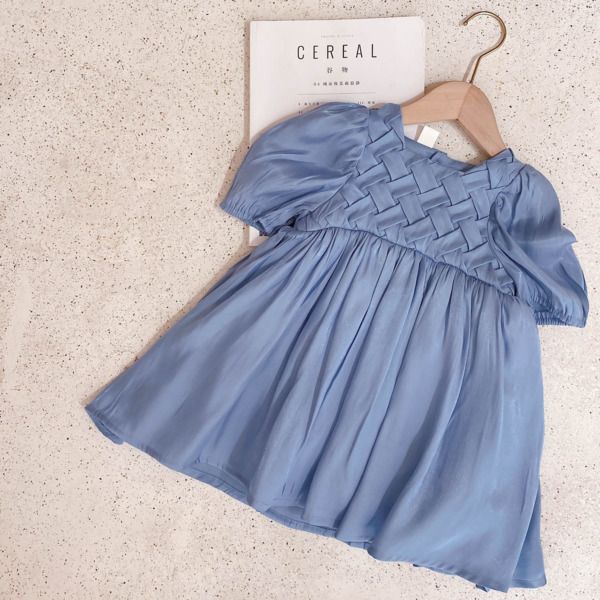 2021 Été Nouvelle Arrivée Filles Mode Robe bleue Enfants Robes de conception coréenne Robe de fille Q0716