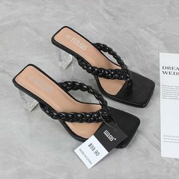 2021 été nouveau Clip orteil tongs femmes sandales à talons hauts cristal tissé à la main confortable mode Sexy chaussures pour femmes 7 cm X0526