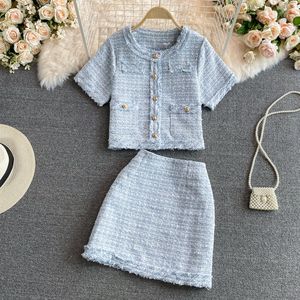 Nuevo diseño de verano, abrigo de lana de tweed de manga corta con cuello redondo para mujer y falda acampanada, vestido de 2 uds, traje twinset ML