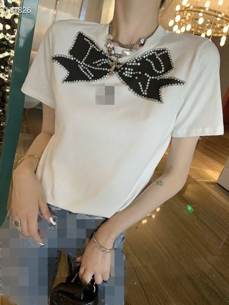 Verano nueva moda mujer diseño o-cuello manga corta algodón camiseta hecha a mano lujo rhinestone patchwork arco patrón camisetas tallas grandes tops