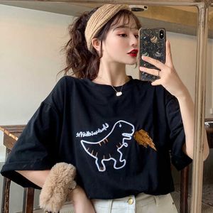 2021 Zomer Nieuwe Korte Mouw Losse Koreaanse Geborduurde Dinosaurus Half Mouw T-shirt Meisje Student Top Dames Kleding Black Tops Y0621