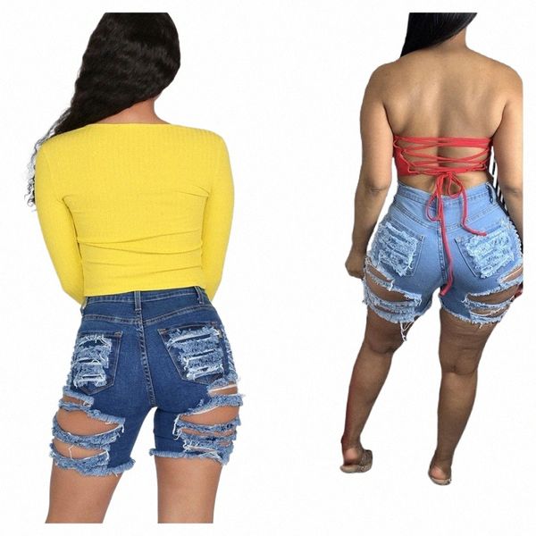 2021 Verano Nueva Mujer Fi Ripped Shorts Jeans Cintura alta Sexy Elástico Denim Shorts Top Calidad Precio al por mayor S-2XL v5sK #