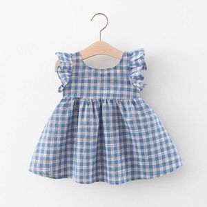 2021 verano nueva ropa de bebé niños pequeños niñas sin mangas cuadrícula azul princesa vestidos para fiesta de cumpleaños Q0716