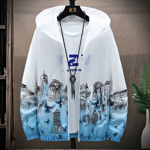 2021 Zomer voorkomen Kaas in kleding Heren Hooded Jassen Patroon Gedrukt Volledige Mouw Slanke Dunne Jassen Mannelijke Blauw M-4XL X0621