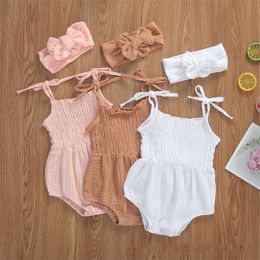 Zomerkleding Sets Solid pasgeboren babymeisjes Katoenlinnen Bodysuits Mouwloze riem Jumpsuits Hoofdband 2pcs Outfits Beachwear 2079 Z2