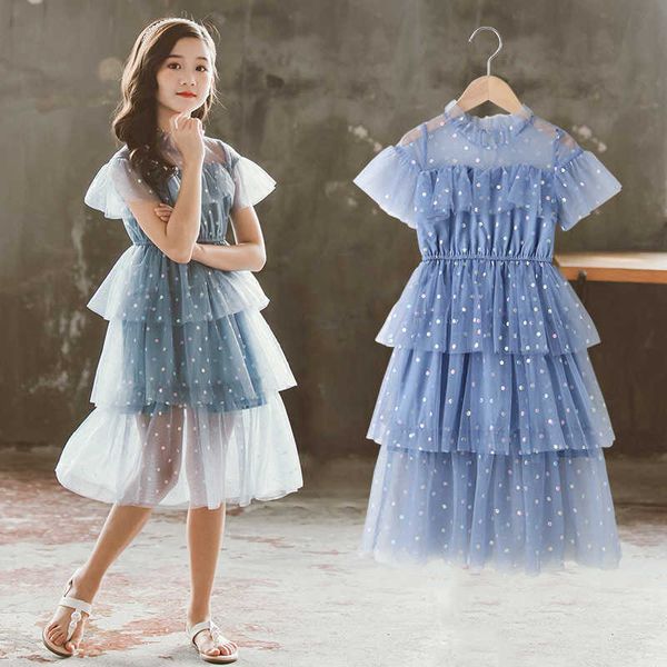 2021 Été Printemps Adolescent Enfants Filles Mesh Robe superposée Bleu Rose Mesh Daisy Princess Vêtements Enfants 4 5 6 7 8 9 10 11 12 ans Q0716