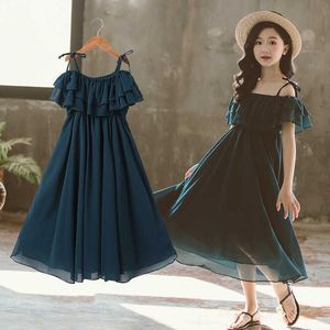 2021 Zomer Peuter Meisjes Chiffon Kids Slip Jurken Mesh Off Shoulder Tiener Kind Prinses Kleding 5 6 7 8 9 10 11 12 jaar Q0716