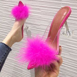 2021 Zomer Vrouw Pumps PVC Transparant Feather Perspex Crystal High Heel Shoes Shoes Fur Peep Teen Mules Sandalen Dames Schoenen schoenen