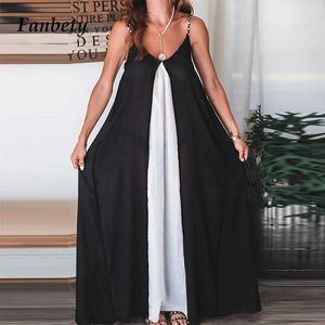 2021 Zomer Dames Mode Sexy Backless Beach Party Jurken Sling Design Jurk Vintage Elegante Zwart Wit Patchwork Lange Jurk Y1006