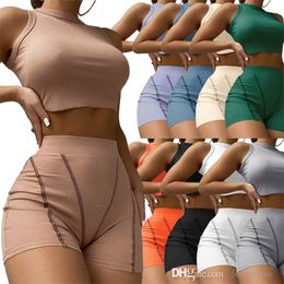 2022 Designer Kleding Zomer Trainingspakken voor Dames Sexy Geribbelde Vest Draad Hoge Taille Knited Yoga Outfits 2-delige Shorts Set