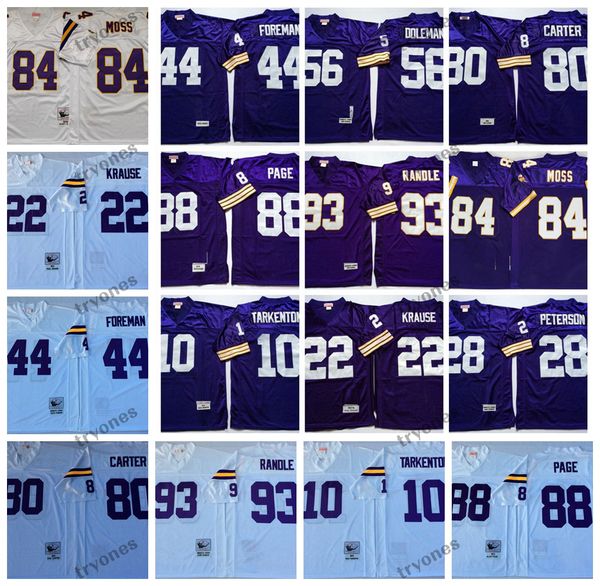 Vintage 84 Randy Moss 10 Fran Tarkenton 22 Paul Krause Camisetas de fútbol 44 Chuck Foreman 56 Chris Doleman 80 Cris Carter 93 John Randle 28 Adrian Peterson 88 Page Jersey