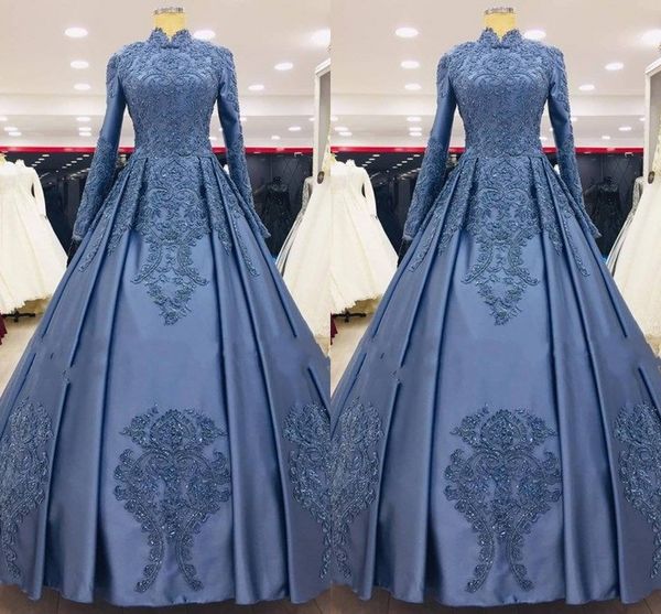 2021 Teal Blue Arabia Saudita Vestidos de noche formales Satén Manga larga Cuello alto Níger Encaje Con cuentas A-line Princess Prom Vestido para ocasiones especiales