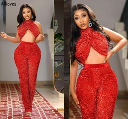 Glitter rood lovertjes twee stukken prom jurken broekpakjes halter sexy arabisch aso ebi speical gelegenheid avondjurken vrouwen plus size jumpsuits formele feestkleding cl1795