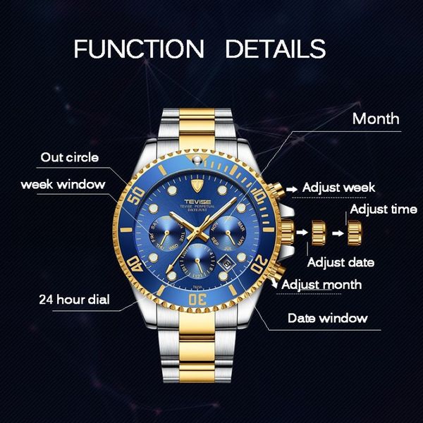 2021 Moda Tevise Fashion Automatic Watches Men Mechanical Mristwatch Date Semana Mascula Masculino con caja216W