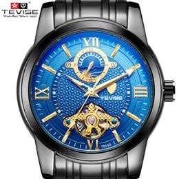 TEVISE-Reloj de pulsera para hombre, de lujo, con fase lunar, de negocios, diseño Tourbillon, correa de acero inoxidable, 186F, 2021