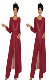 2021 Driedelige Crimson moeder van de bruid broekpakken feestjurken vloer lengte formele kledingstuk outfit aangepaste bruiloft Gues3576876