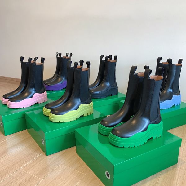 Botas de diseñador para mujer de lujo Neumático Cuero Martin Damas Tobillo Invierno Chaelsea Bota Chelsea Moda Antideslizante Onda Color Suela de goma Zapatos elásticos