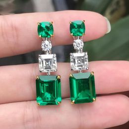 2021 Top Selling Luxe Sieraden Dangle Earring 925 Sterling Zilver Princess Cut Emerald CZ Diamond Party Ins Vrouwen Wedding Bridal Drop Oorbellen Gift